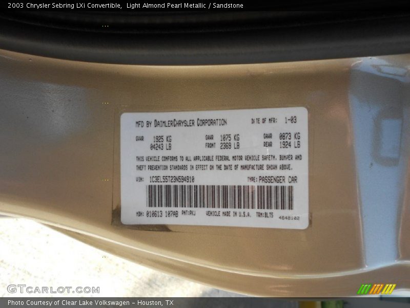 Light Almond Pearl Metallic / Sandstone 2003 Chrysler Sebring LXi Convertible