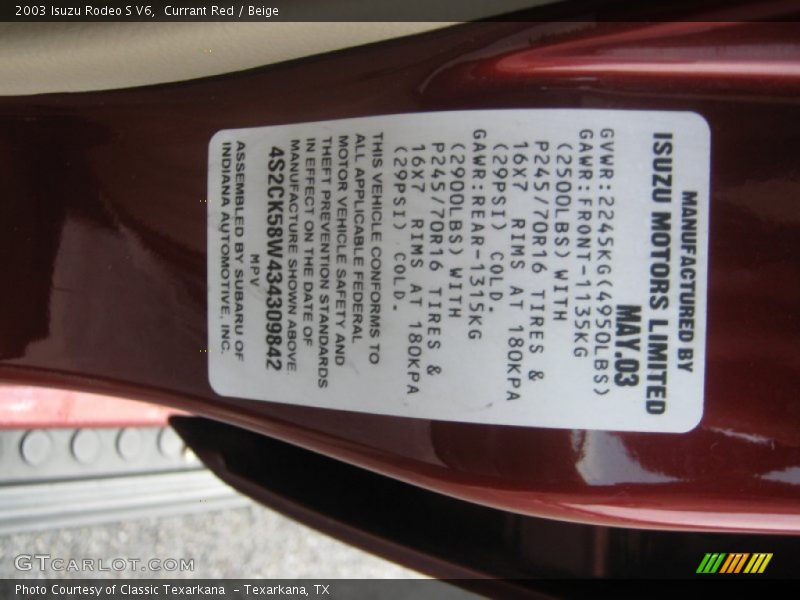 Currant Red / Beige 2003 Isuzu Rodeo S V6