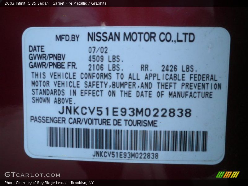 Garnet Fire Metallic / Graphite 2003 Infiniti G 35 Sedan
