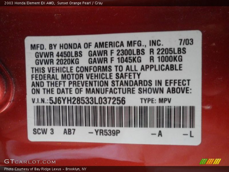 Sunset Orange Pearl / Gray 2003 Honda Element EX AWD