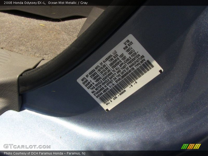 Ocean Mist Metallic / Gray 2008 Honda Odyssey EX-L