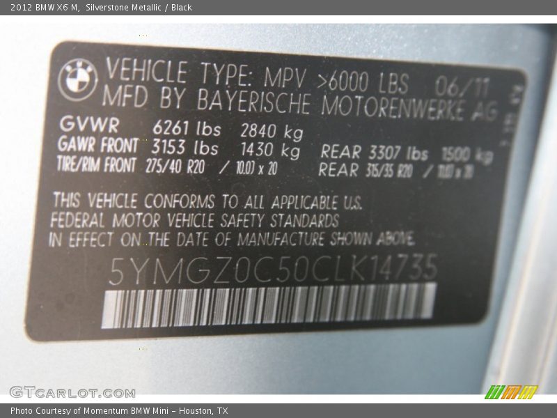 Silverstone Metallic / Black 2012 BMW X6 M