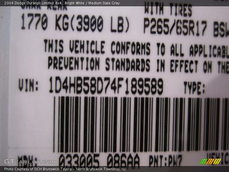 Bright White / Medium Slate Gray 2004 Dodge Durango Limited 4x4