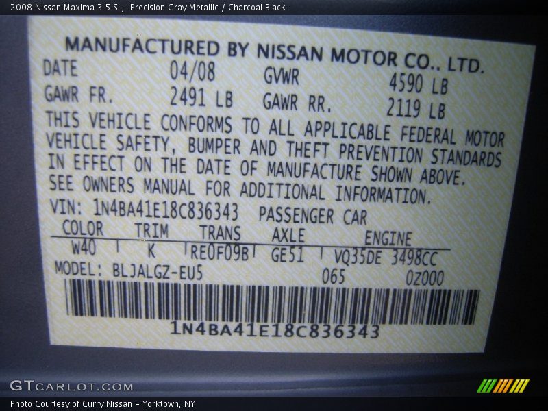 Precision Gray Metallic / Charcoal Black 2008 Nissan Maxima 3.5 SL