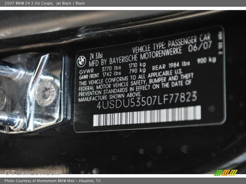 Info Tag of 2007 Z4 3.0si Coupe