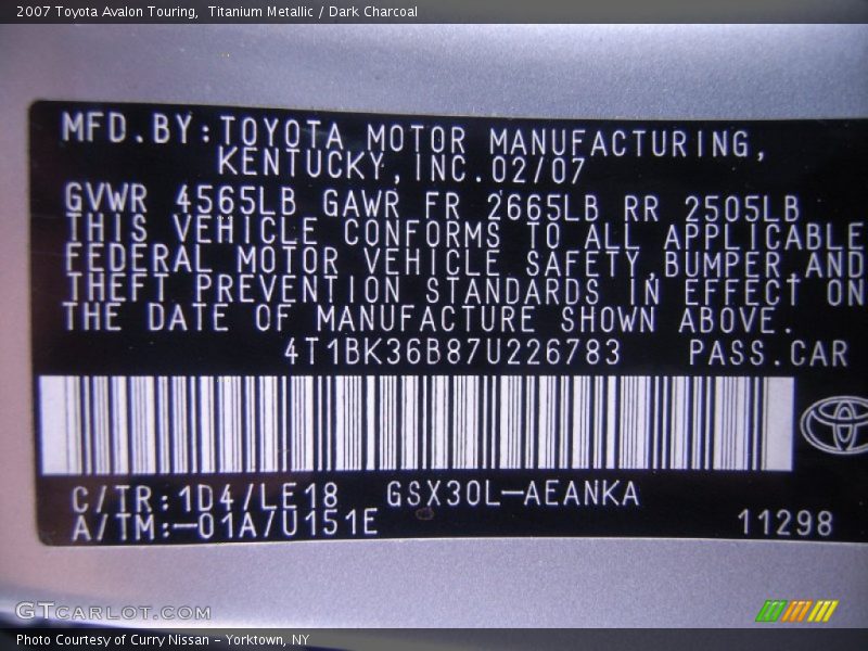 Titanium Metallic / Dark Charcoal 2007 Toyota Avalon Touring