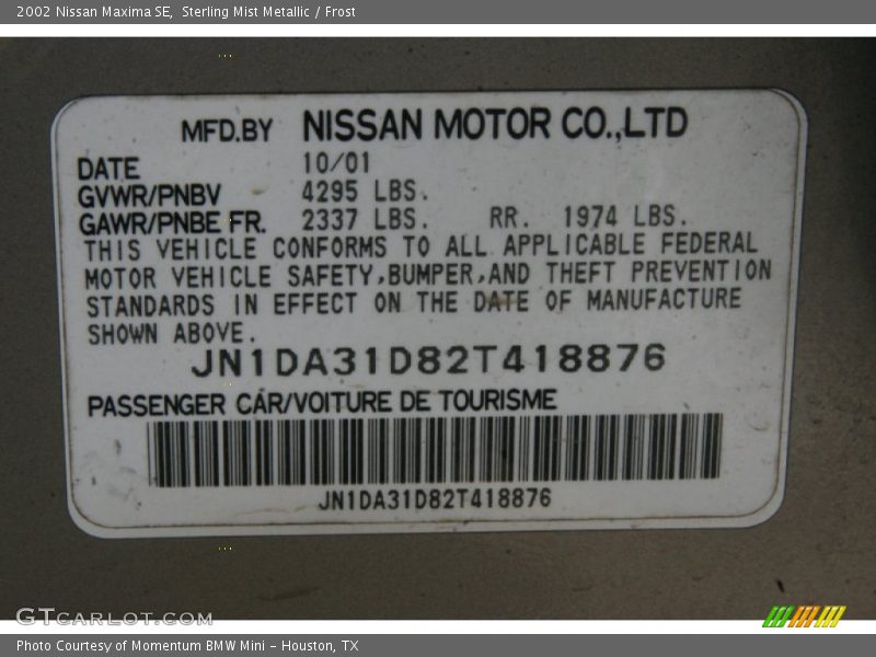 Sterling Mist Metallic / Frost 2002 Nissan Maxima SE