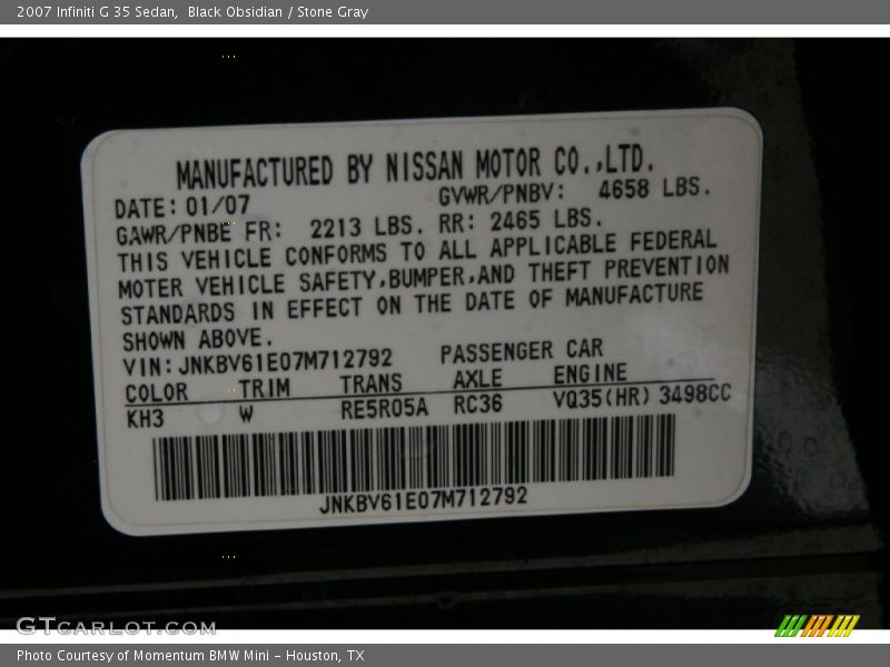 Black Obsidian / Stone Gray 2007 Infiniti G 35 Sedan