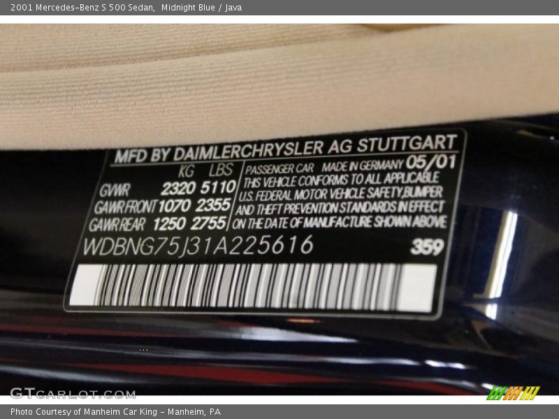 Midnight Blue / Java 2001 Mercedes-Benz S 500 Sedan