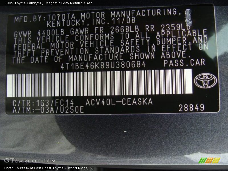 Magnetic Gray Metallic / Ash 2009 Toyota Camry SE