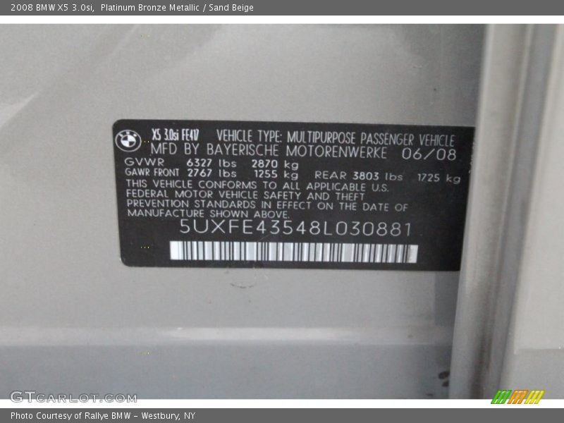 Platinum Bronze Metallic / Sand Beige 2008 BMW X5 3.0si