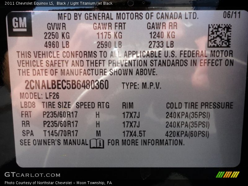 Black / Light Titanium/Jet Black 2011 Chevrolet Equinox LS