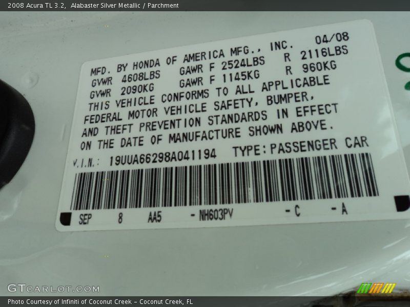 Alabaster Silver Metallic / Parchment 2008 Acura TL 3.2