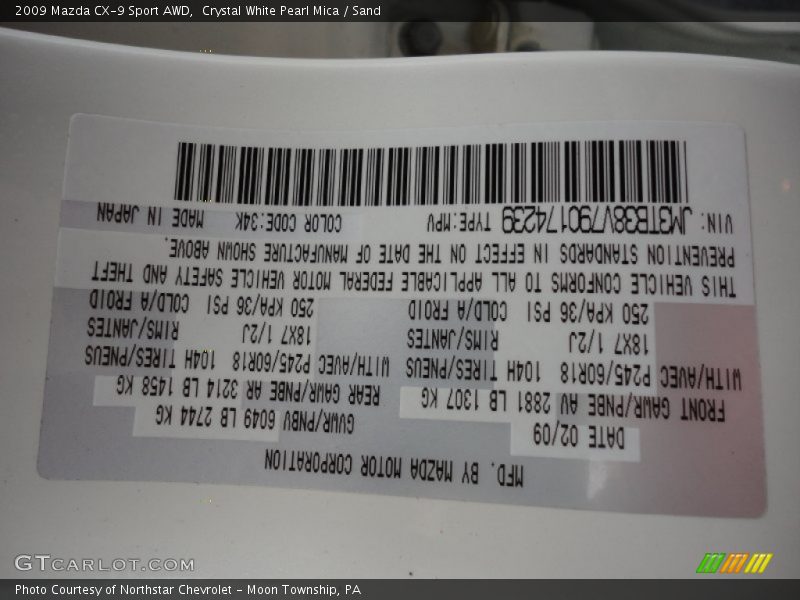 Crystal White Pearl Mica / Sand 2009 Mazda CX-9 Sport AWD