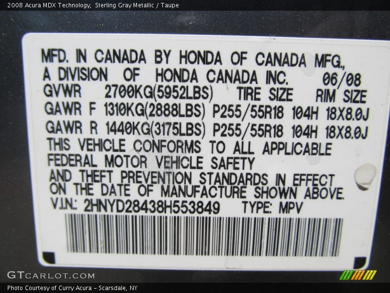 Sterling Gray Metallic / Taupe 2008 Acura MDX Technology