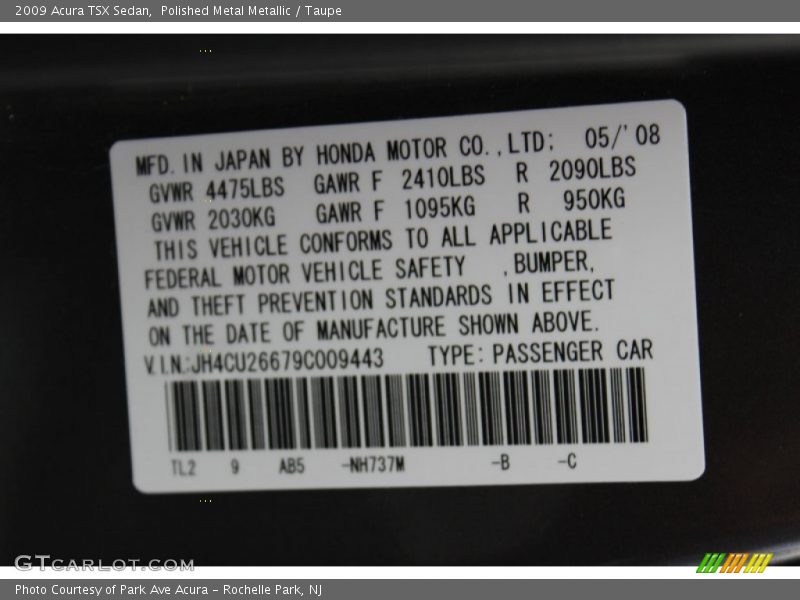Polished Metal Metallic / Taupe 2009 Acura TSX Sedan