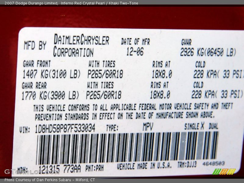 2007 Durango Limited Inferno Red Crystal Pearl Color Code PRH