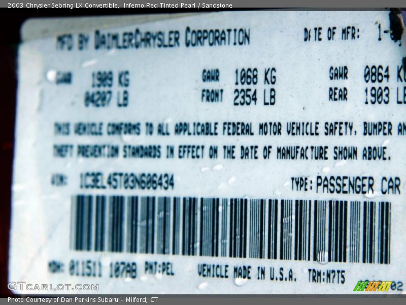 Inferno Red Tinted Pearl / Sandstone 2003 Chrysler Sebring LX Convertible