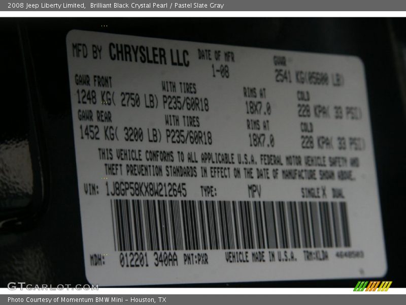 2008 Liberty Limited Brilliant Black Crystal Pearl Color Code PXR