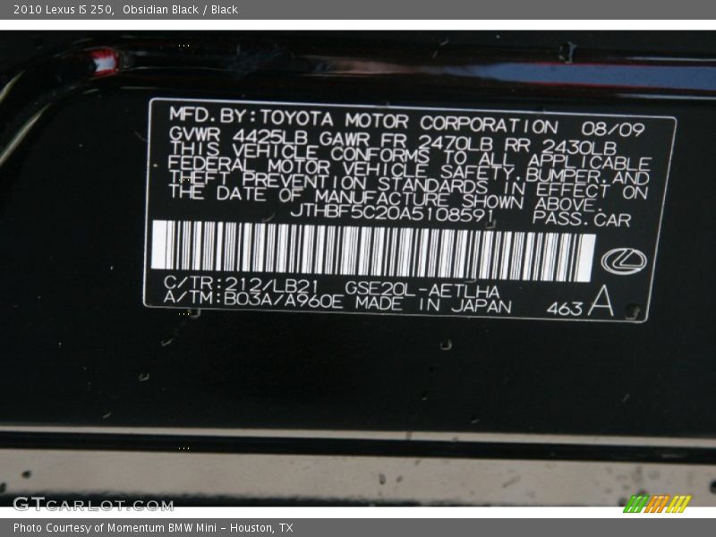 2010 IS 250 Obsidian Black Color Code 212