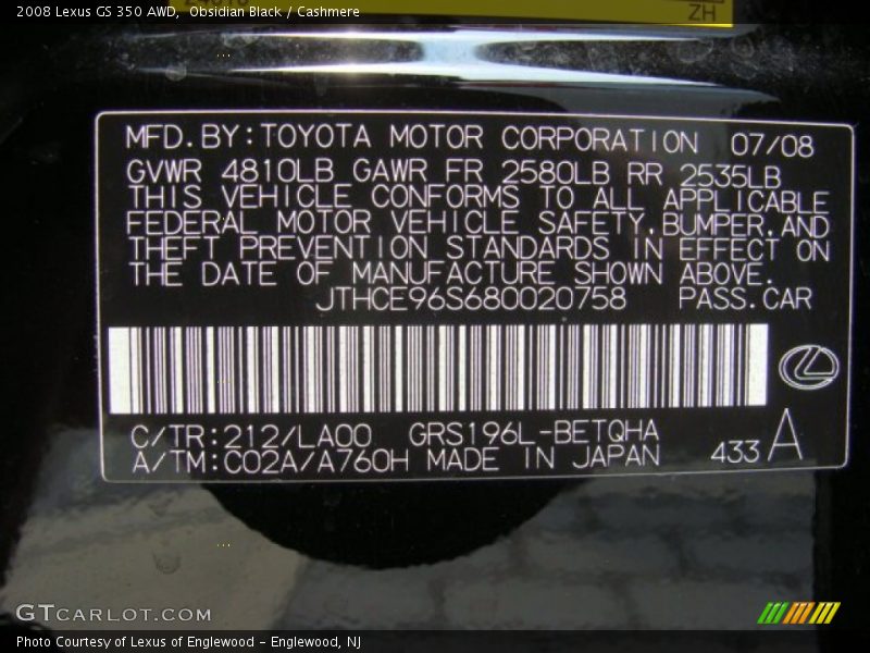 Obsidian Black / Cashmere 2008 Lexus GS 350 AWD