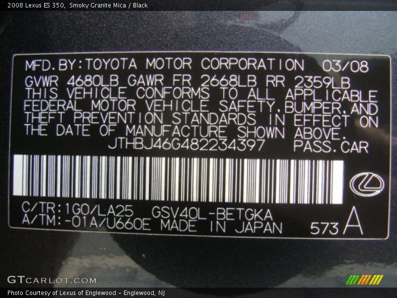 Smoky Granite Mica / Black 2008 Lexus ES 350