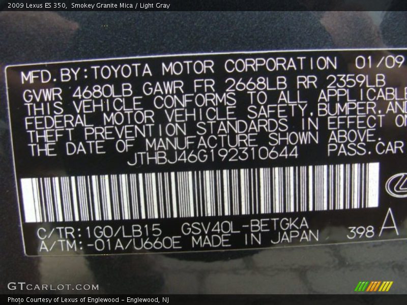 Smokey Granite Mica / Light Gray 2009 Lexus ES 350