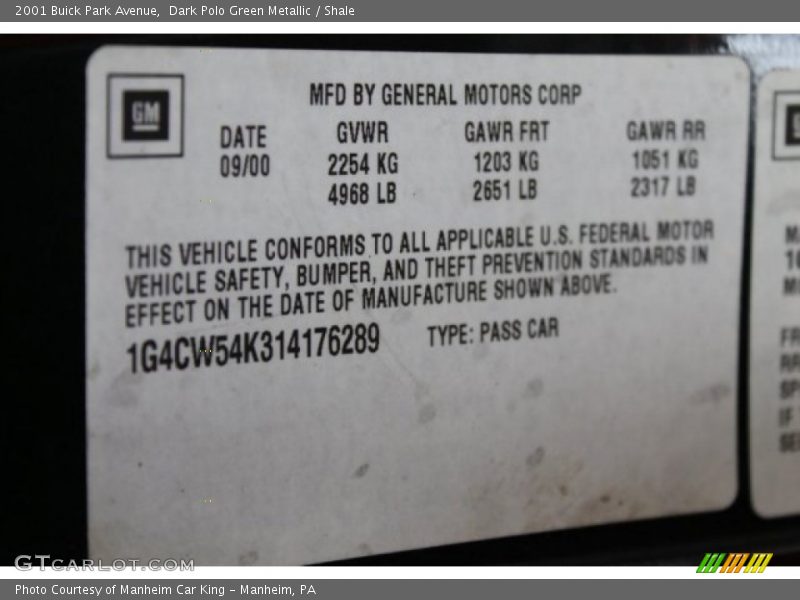 Dark Polo Green Metallic / Shale 2001 Buick Park Avenue