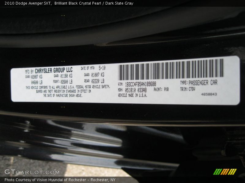 Brilliant Black Crystal Pearl / Dark Slate Gray 2010 Dodge Avenger SXT