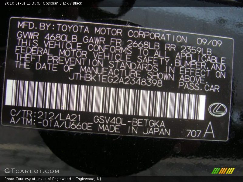 Obsidian Black / Black 2010 Lexus ES 350