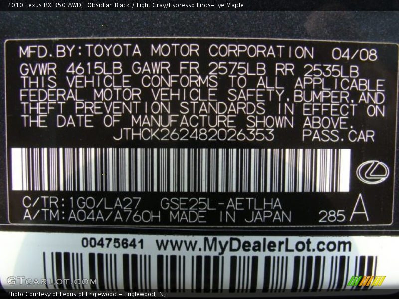 Obsidian Black / Light Gray/Espresso Birds-Eye Maple 2010 Lexus RX 350 AWD