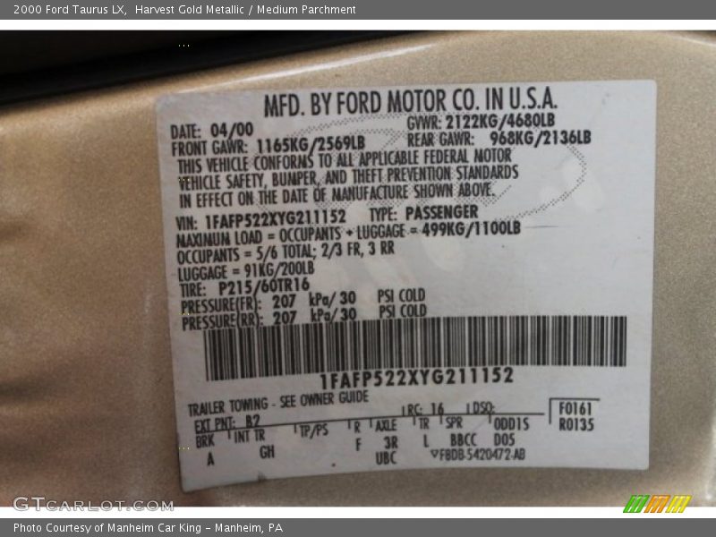 Harvest Gold Metallic / Medium Parchment 2000 Ford Taurus LX