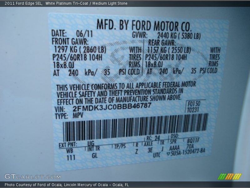 White Platinum Tri-Coat / Medium Light Stone 2011 Ford Edge SEL