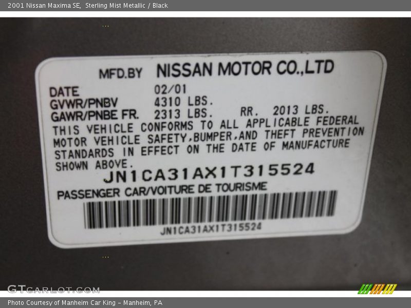 Sterling Mist Metallic / Black 2001 Nissan Maxima SE