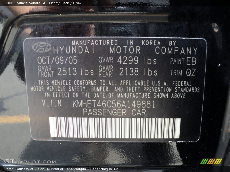 Ebony Black / Gray 2006 Hyundai Sonata GL