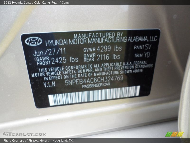 2012 Sonata GLS Camel Pearl Color Code SV