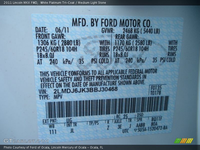 White Platinum Tri-Coat / Medium Light Stone 2011 Lincoln MKX FWD