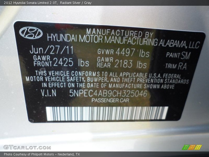 2012 Sonata Limited 2.0T Radiant Silver Color Code SM
