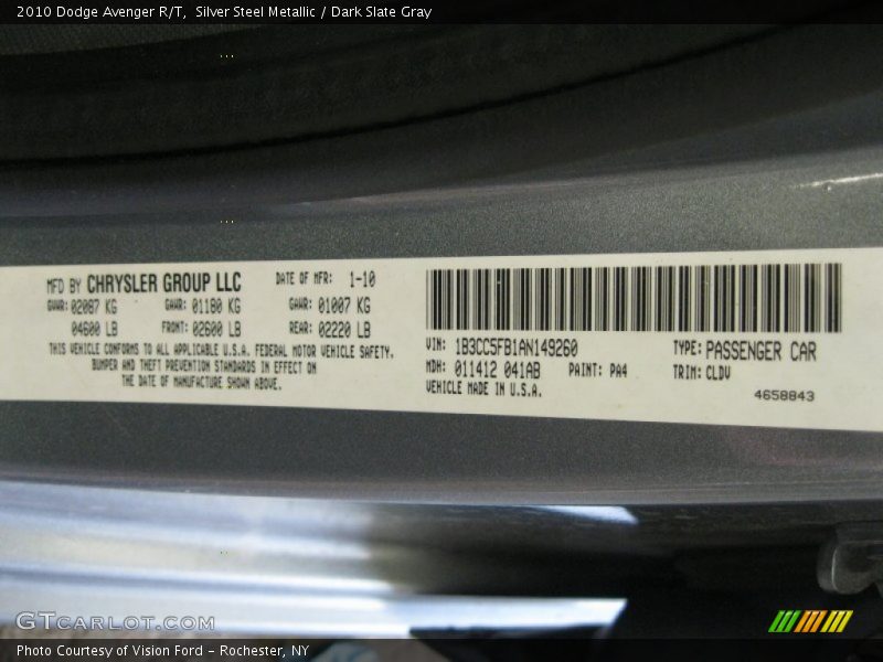 Silver Steel Metallic / Dark Slate Gray 2010 Dodge Avenger R/T