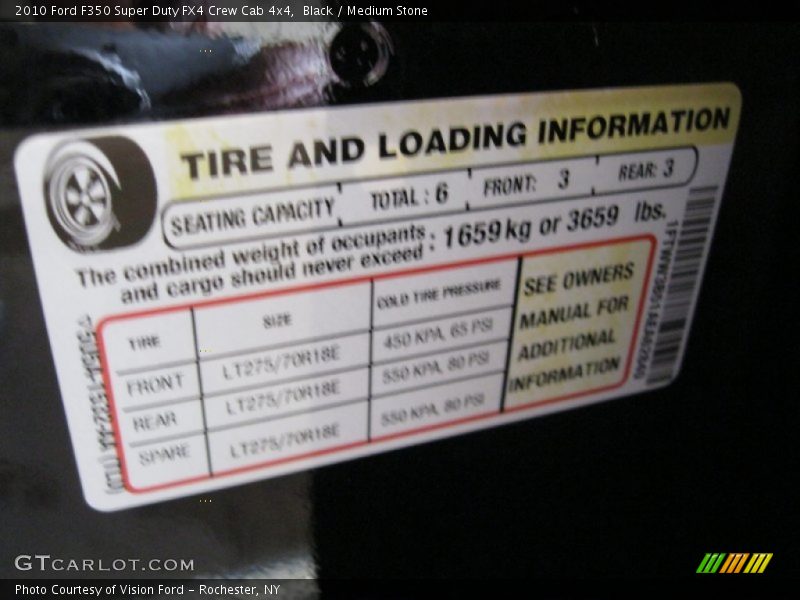 Info Tag of 2010 F350 Super Duty FX4 Crew Cab 4x4