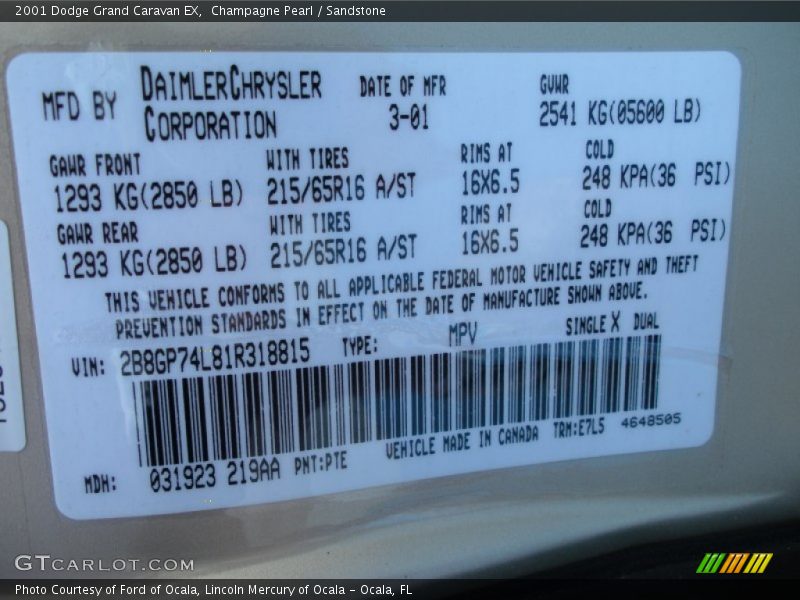 2001 Grand Caravan EX Champagne Pearl Color Code PTE