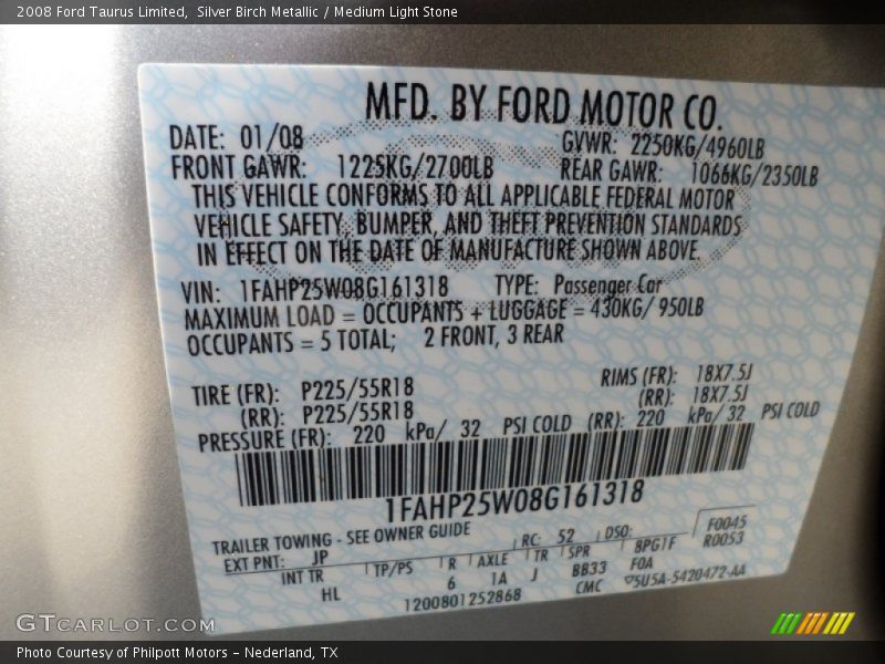 Silver Birch Metallic / Medium Light Stone 2008 Ford Taurus Limited