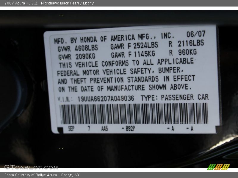 Nighthawk Black Pearl / Ebony 2007 Acura TL 3.2