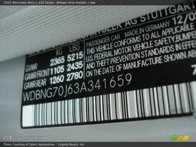 Brilliant Silver Metallic / Ash 2003 Mercedes-Benz S 430 Sedan