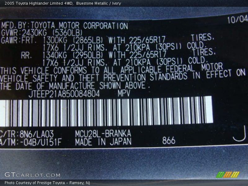 Bluestone Metallic / Ivory 2005 Toyota Highlander Limited 4WD