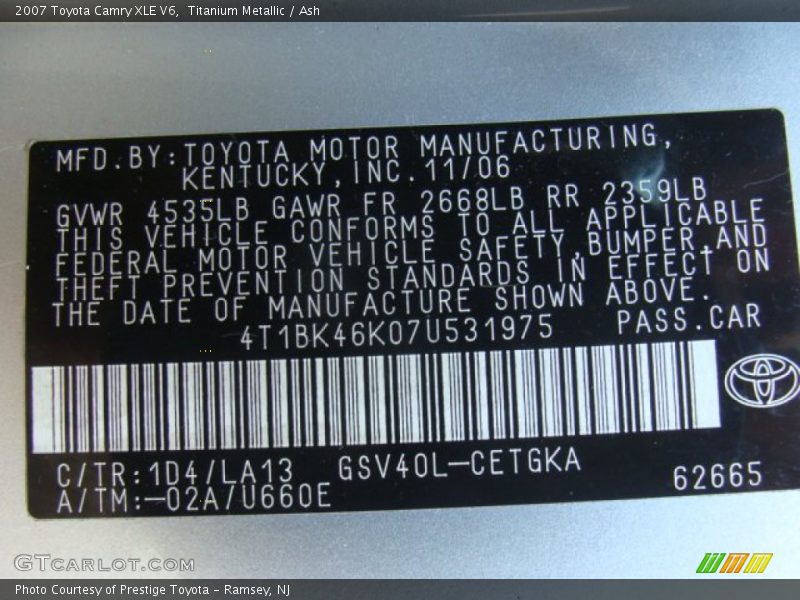 Titanium Metallic / Ash 2007 Toyota Camry XLE V6
