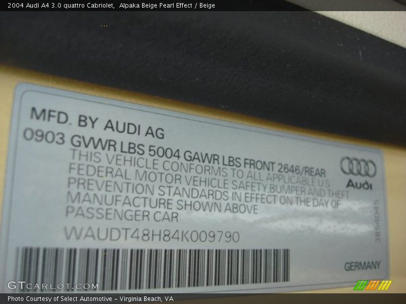 Alpaka Beige Pearl Effect / Beige 2004 Audi A4 3.0 quattro Cabriolet