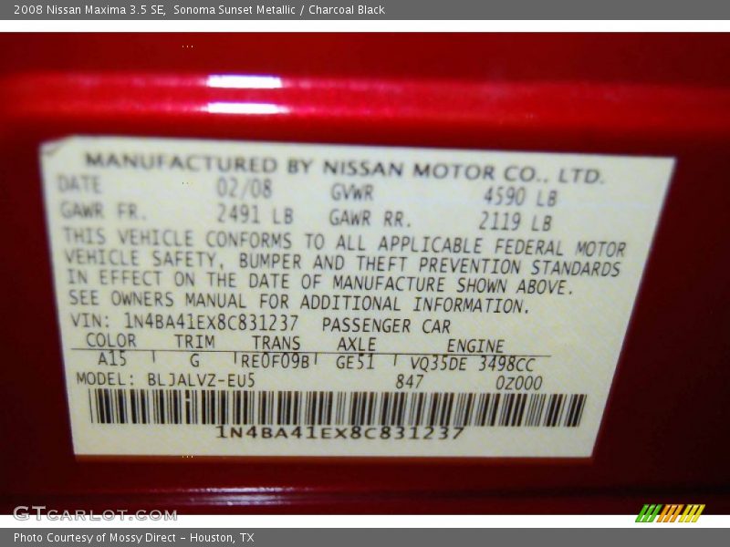 Sonoma Sunset Metallic / Charcoal Black 2008 Nissan Maxima 3.5 SE