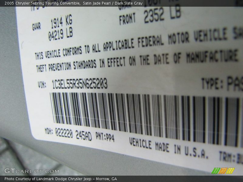 Satin Jade Pearl / Dark Slate Gray 2005 Chrysler Sebring Touring Convertible