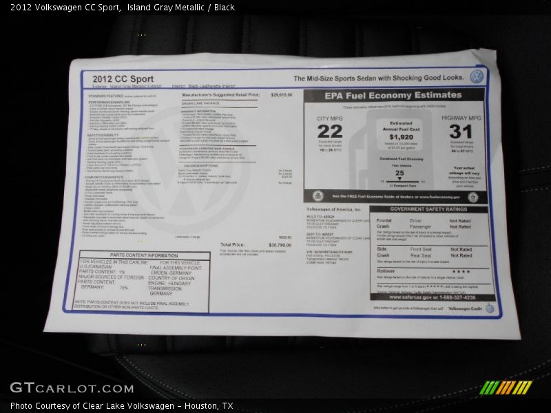 Island Gray Metallic / Black 2012 Volkswagen CC Sport